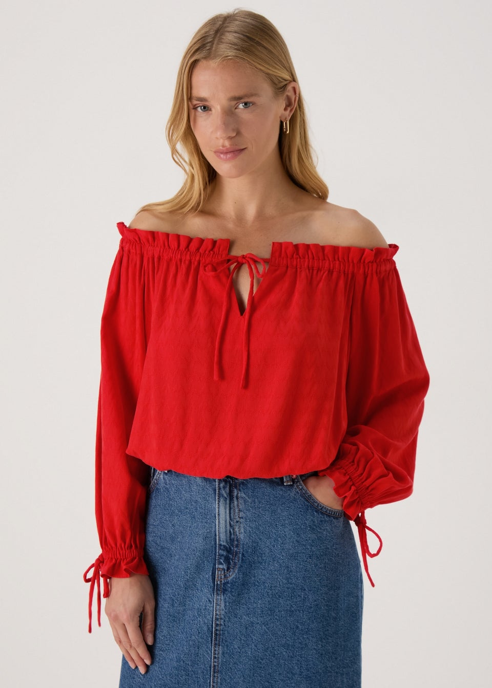 Red Tie Neck Bardot Top